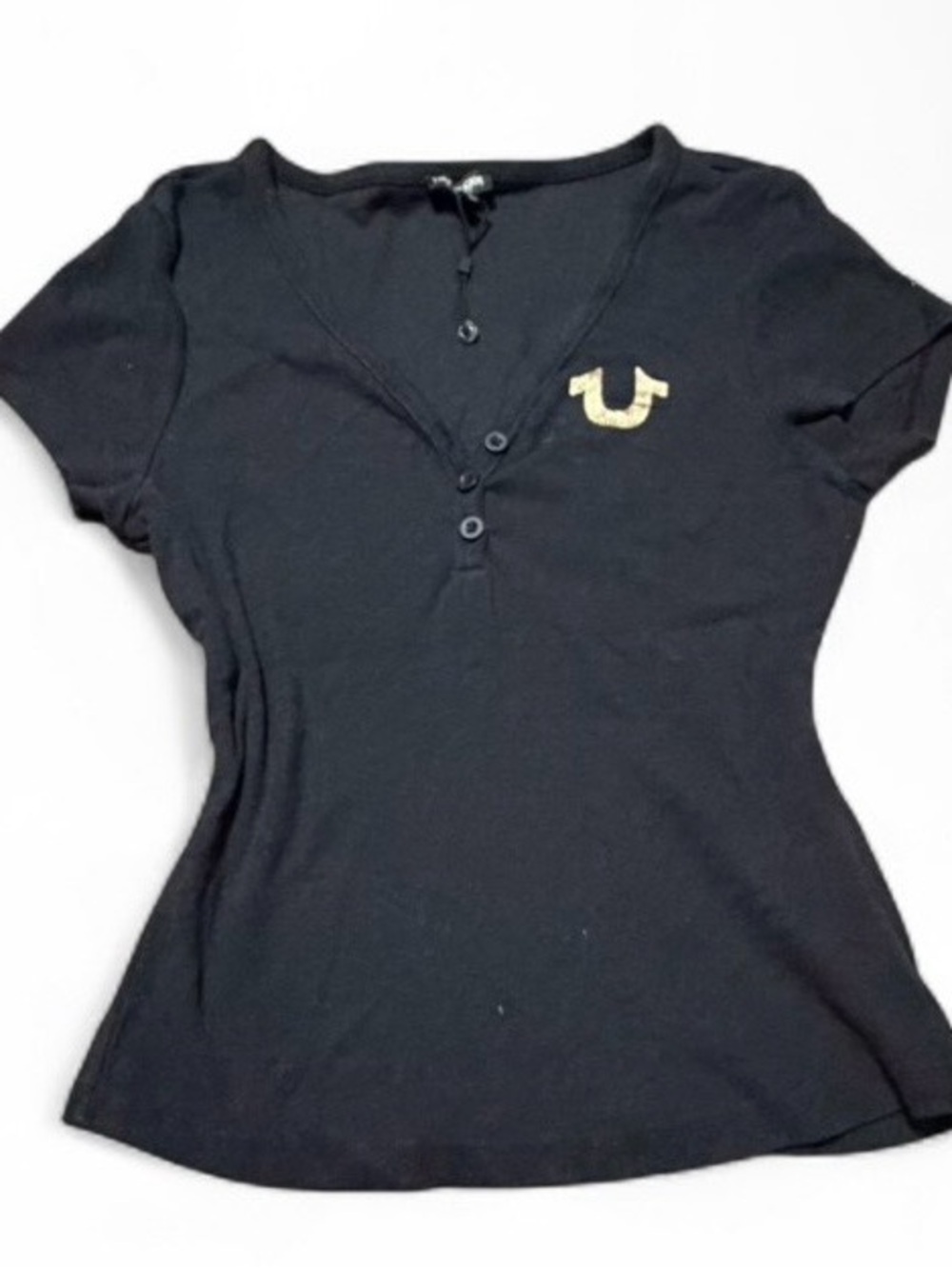 True Religion Y2K Black Ribbed Henley Baby Tee Gold Horseshoe Rhinestone Wings